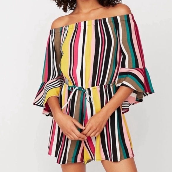 Express Pants - Express Multicolored Striped Off The Shoulder Romper